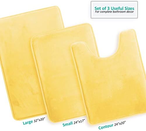 Clara Clark 3 Piece Bathroom Rugs Bath Mat Set, Velvet Memory Foam Bath Mats for Bathroom - Non-Slip, PVC Backing Bath Rugs, Washable - Dries Quickly, Yellow