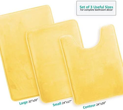 Clara Clark 3 Piece Bathroom Rugs Bath Mat Set, Velvet Memory Foam Bath Mats for Bathroom - Non-Slip, PVC Backing Bath Rugs, Washable - Dries Quickly, Yellow