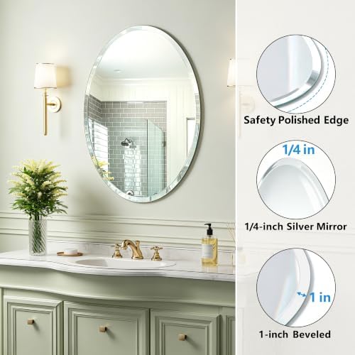 20 x 28 Inch Oval Frameless Bathroom Mirror, Beveled Polished Wall Mirror, Modern Decorative Mirror for Bathroom Vanity Bedroom Entryway
