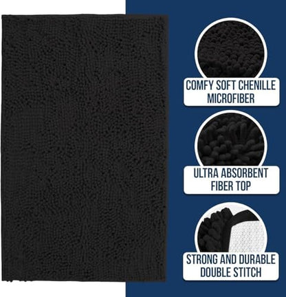 Muddy Mat® | Chenille Bathroom Rugs Quick Dry Microfiber Mats Non Slip Washable, Extra Thick, Soft and Highly Absorbent Bath Mats for Bathroom, Kitchen, and Shower Floor - Black 36"x60"