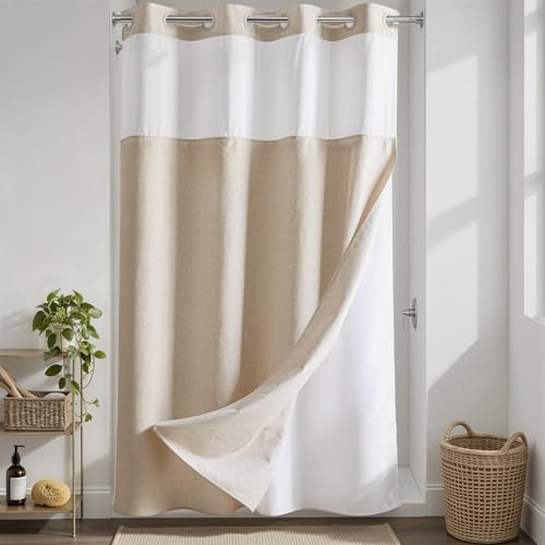 River Dream Linen Textured No Hooks Shower Curtain with Liner,Linen,54x80