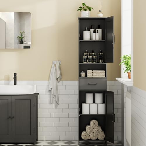 Homhedy 67" H Tall Bathroom Storage Cabinet with Barn Doors and Drawer