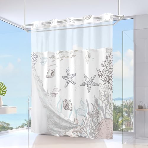 No Hook Shower Curtain and Liner Set, Brown Beach Coastal 71x74