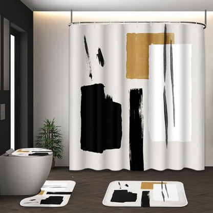 Bathroom Sets with Shower Curtain and Rugs, Boho 4 Pcs, Geometric