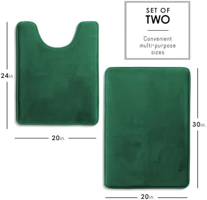 Clara Clark 2 Piece Bathroom Rugs, Velvet Memory Foam Bath Mat Set, Non-Slip Bath Rugs, Machine Wash, Dries Quickly, Ultra Soft Plush Bath Mats for Bathroom, 17 x 24 + Contour, Hunter Green