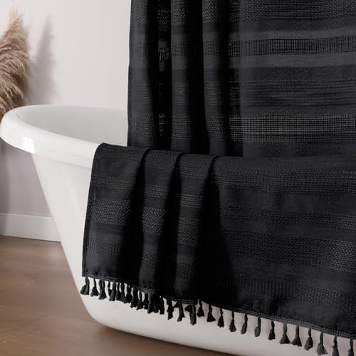 OVZME Black Stripe Shower Curtain for Bathroom, Boho Linen Textured Shower Curtain with Tassel, Minimalist Modern Heavy Duty Vintage Country Bathroom Curtain, 72Wx72L Inches