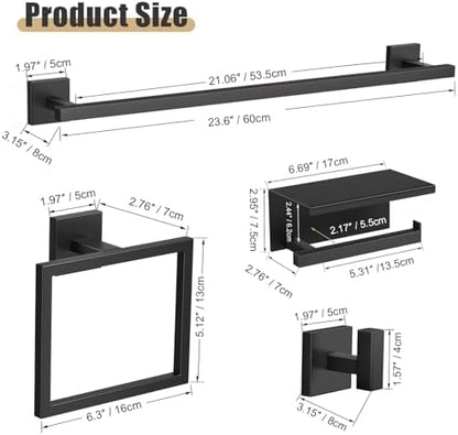YACVCL 5-Pieces Matte Black Bathroom Hardware Accessories Set 23.6 Inch Towel Bar Set Upgraded Toilet Paper Holder with Shelf Stainless Steel Wall-Mounted Bathroom Hardware Set