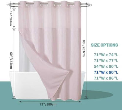 No Hook Waffle Shower Curtain with Snap-in Liner, 71x80 Inch, Blush Pink