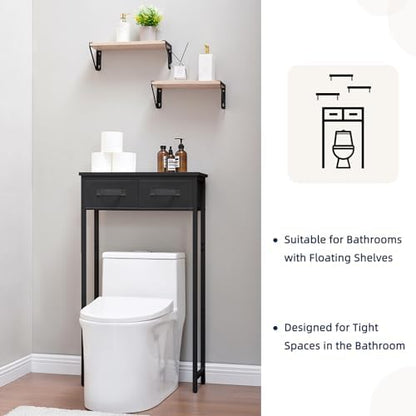 MOHOPE 2-Tier Over The Toilet Storage with 2 Fabric Drawers, Freestanding Above The Toilet Storage Cabinet, Space Saver Metal Over Toilet Bathroom Organizer Shelf for Small Space, Black
