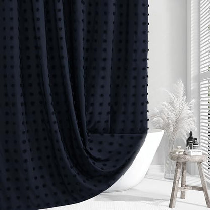 Siiluminisoy Boho Navy Blue Shower Curtain Woven Fabric Shower Curtain, 72 x 72 Tufted Pleat Floral Puffs Textured Modern Minimalist Shower Curtain Set with Hooks for Bathroom