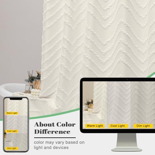 OWENIE Extra Long Beige Boho Shower Curtain, Chic Tufted Chevron Striped Textured Fabric Cloth Shower Curtains with Tassel for Bathroom, Soft Hotel Style Farmhouse, Machine Washable, 72x84