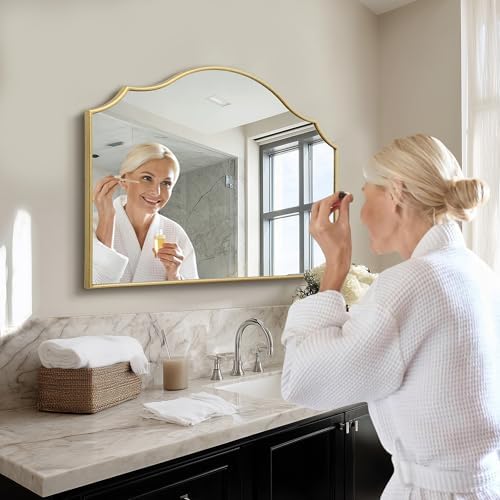 Besdomus Gold Scalloped Dresser Mirror: 35"x26" Wooden Bathroom Mirror