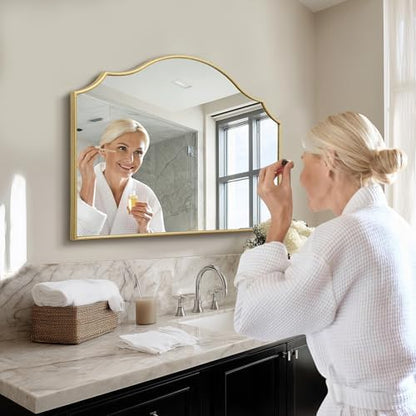 Besdomus Gold Scalloped Dresser Mirror: 35"x26" Wooden Bathroom Mirror