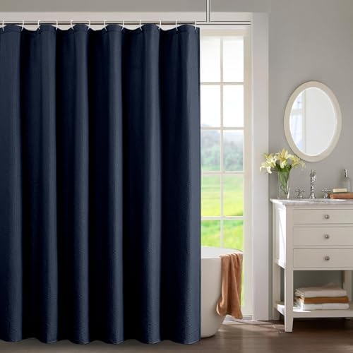 OWENIE Navy Blue Shower Curtain for Bathroom 84 Inches Eatra Long, 3D Embossed Textured Cloth Waffle Shower Curtain, Modern Luxury Hotel Style, Water Repellent, Machine Washable, 72X84, Navy Blue