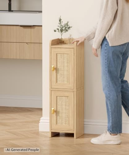 Akxomel Rattan Small Bathroom Cabinet Narrow Toilet Paper Organizer Oak