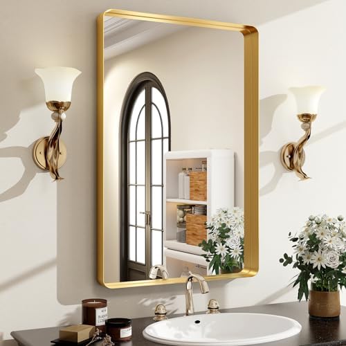 Easly 36 x 24 Inch Gold Bathroom Mirror for Wall,Aluminum Alloy Frame Rectangular Wall Mounted Mirror for Farmhouse Decor Horizontal or Vertical Ideal for Bedroom, Living Room