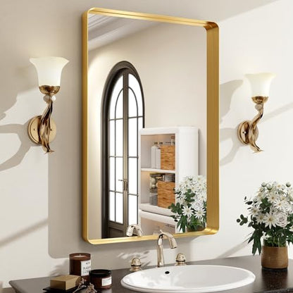 Easly 36 x 24 Inch Gold Bathroom Mirror for Wall,Aluminum Alloy Frame Rectangular Wall Mounted Mirror for Farmhouse Decor Horizontal or Vertical Ideal for Bedroom, Living Room
