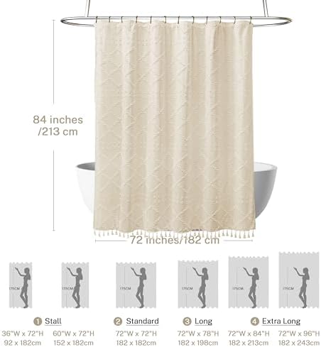Siiluminisoy Extra Long Boho Farmhouse Shower Curtain - Woven Fabric Cream/Beige 84 Inch, 72 x 84 Tufted Chevron Textured Striped Modern Minimalist Cloth for Bathroom