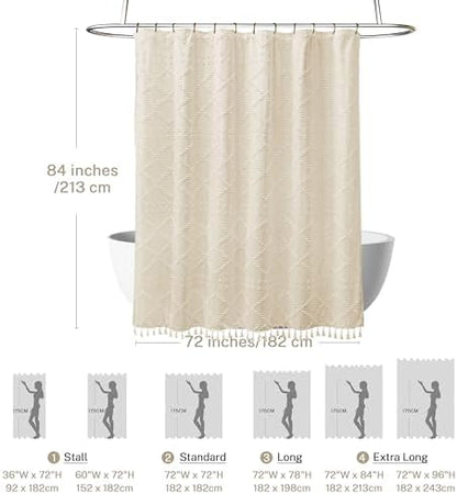 Siiluminisoy Extra Long Boho Farmhouse Shower Curtain - Woven Fabric Cream/Beige 84 Inch, 72 x 84 Tufted Chevron Textured Striped Modern Minimalist Cloth for Bathroom
