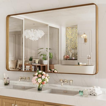 LOAAO 60X40 Inch Bathroom Mirror with Wood Grain Colored Metal Frame
