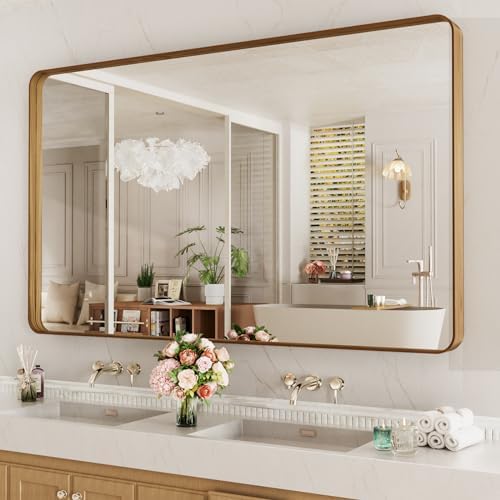 LOAAO 60X36 Inch Bathroom Mirror with Wood Grain Colored Metal Frame