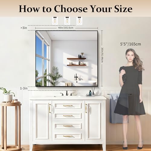 COFENY Black Bathroom Mirror for Wall, 36x40 Inch Rectangle Mirrors with Metal Frame, Modern Rectangular Wall Mirror for Bathroom Living Room, Entryway Hangs Horizontal or Vertical