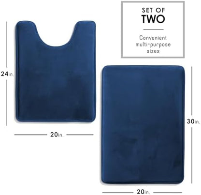 Clara Clark 2 Piece Bathroom Rugs, Velvet Memory Foam Bath Mat Set, Non-Slip Bath Rugs, Machine Wash, Dries Quickly, Ultra Soft Plush Bath Mats for Bathroom, 20 x 32 + Contour, Blue