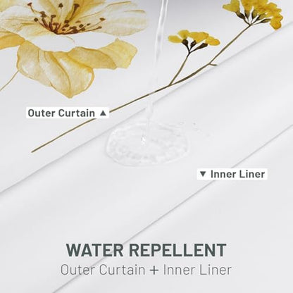 WITHLOC No Hook Floral Shower Curtain with Liner, Yellow Gray, 71x77