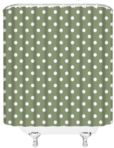 Polka Dot Shower Curtain Sage Green White Retro Spot Vintage Fabric Decorative Bathroom Curtains with Hooks,67" Wx70 H