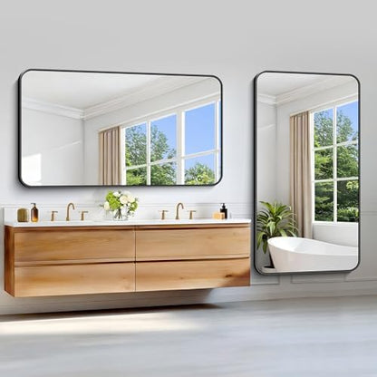 Black Bathroom Mirror, 66x36 inch Aluminum Metal Frame Rectangular Vanity Mirror, Large Wall Mounted Rectangle Mirrors with Rounded Corner for Over Sink Bedroom Living Room Horizontal/Vertical