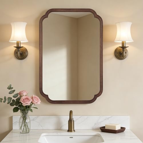 WallBeyond Wood Bathroom Mirror for Wall Mounted with Rounded Corner Wood Frame for Entryway, Living Room or Bedroom Home Decor Vertical or Horizontal Hanging [24" x 36" Walnut Color]