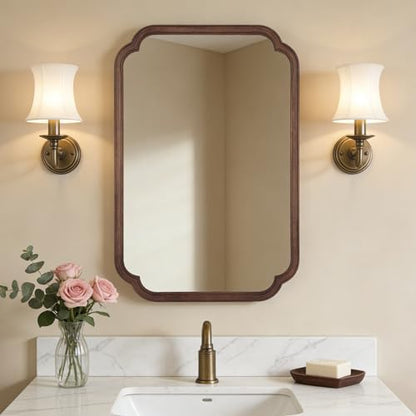 WallBeyond Wood Bathroom Mirror for Wall Mounted with Rounded Corner Wood Frame for Entryway, Living Room or Bedroom Home Decor Vertical or Horizontal Hanging [24" x 36" Walnut Color]
