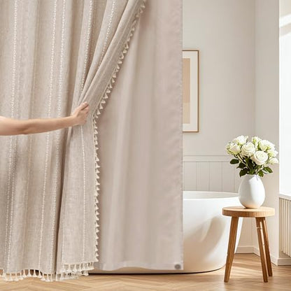 Seenus Boho Farmhouse Shower Curtain and Fabric Liner Set, Heavyweight Linen Textured Fabric Shower Curtain Taupe with Tassels, 2 in 1 Waterproof Fabric Shower Curtain Set for Bathroom, 72x72 Inch