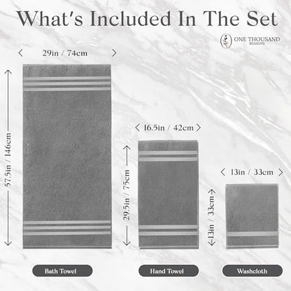 Premium Staple Cotton Bathroom Towel Set - Gray 600 GSM 6-Piece Luxury Bath Towel Set 3 Stripe - 2 Bath Towels, 2 Hand Towels & 2 Washclothes Set - High Absorbent & Quick Dry for Gym, Spa, Hotel