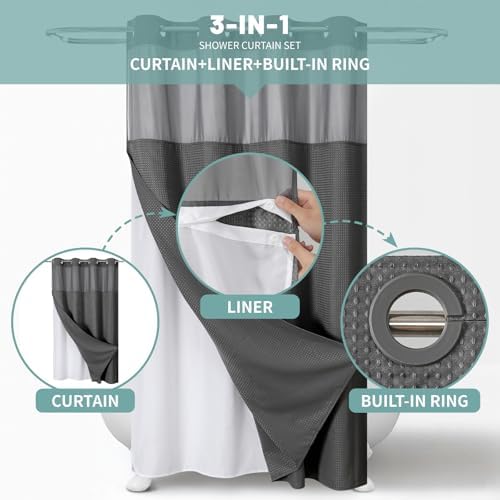 No Hook Waffle Shower Curtain with Snap-in Liner, 54x80 Inch, Charcoal