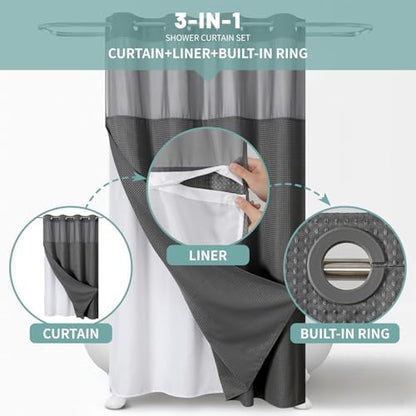 No Hook Waffle Shower Curtain with Snap-in Liner, 54x80 Inch, Charcoal