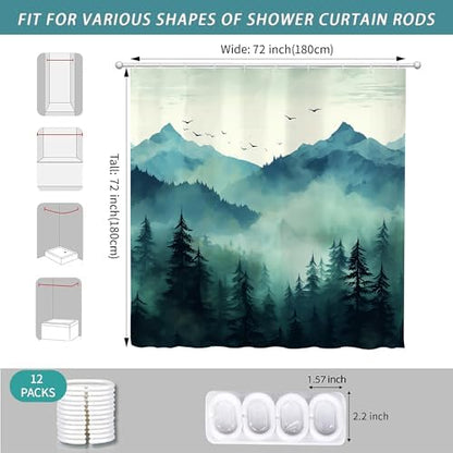 Teal Misty Foggy Forest Shower Curtain for Bathroom 72W*72H Inch Nature Tree Mountain Woodland Bathtub Decor Pine Tree Natural Country Cool Masculine Aesthetic Waterproof Polyester Fabric
