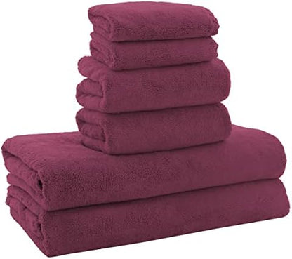 MOONQUEEN Ultra Soft Microfiber Coral Velvet Towel Set - Quick Drying, 2 Bath Towels, 2 Hand Towels, 2 Washcloths - Burgundy, 6 Pcs