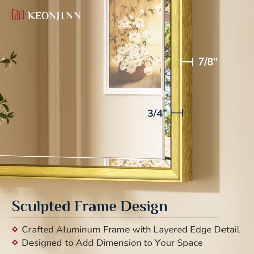 Keonjinn 60" x 36" Gold Bathroom Mirrors, Secure French Cleat Installation