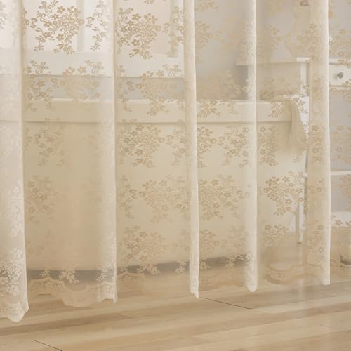 Beige Shower Curtain 72x72, Cottage Core Lace with Attached Valance