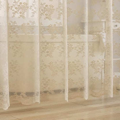 Beige Shower Curtain 72x72, Cottage Core Lace with Attached Valance