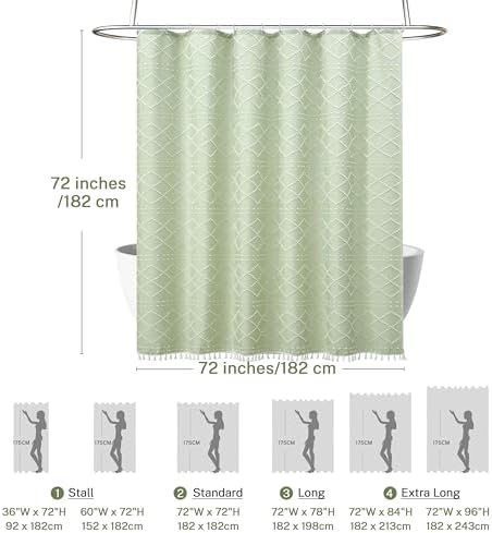 Siiluminisoy Boho Green Shower Curtain Woven Fabric Cute Shower Curtain with Tassel, 72 x 72 Tufted Chevron Textured Striped Modern Farmhouse Minimalist Cloth Shower Curtain for Bathroom