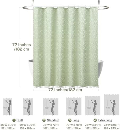 Siiluminisoy Boho Green Shower Curtain Woven Fabric Cute Shower Curtain with Tassel, 72 x 72 Tufted Chevron Textured Striped Modern Farmhouse Minimalist Cloth Shower Curtain for Bathroom
