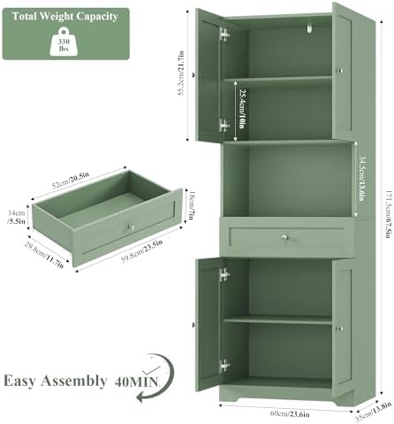 HIFIT Tall Bathroom Storage Cabinet with Drawer, Modern Linen Cabinet,Green