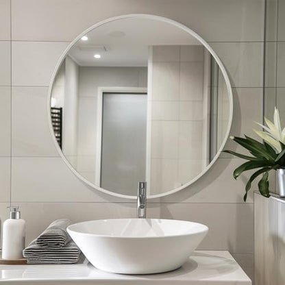 Sunniry Round Mirror 28 inch, Round White Mirror, Matte White Metal Frame