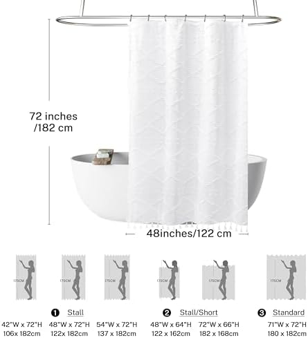 Stall Boho White Woven Fabric Shower Curtain with Tassels 48 x 72 Modern Farmhouse Minimalist Tufted Chevron Striped Shabby Chic Textured, Water Resistant Curtain for Bathroom, Hotel Decor