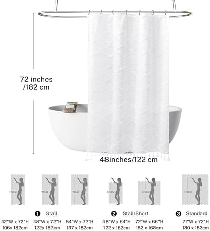 Stall Boho White Woven Fabric Shower Curtain with Tassels 48 x 72 Modern Farmhouse Minimalist Tufted Chevron Striped Shabby Chic Textured, Water Resistant Curtain for Bathroom, Hotel Decor