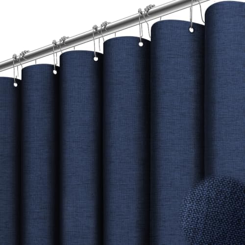 BTTN 108x72 Linen Textured Waterproof Cloth Shower Curtain Set, Navy Blue
