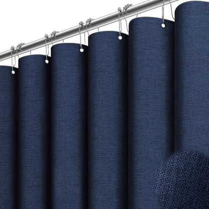 BTTN 108x72 Linen Textured Waterproof Cloth Shower Curtain Set, Navy Blue
