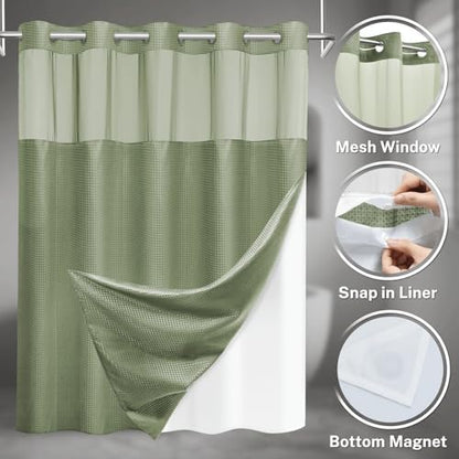 No Hook Waffle Shower Curtain with Snap in Liner Set, 54x80, Sage Green